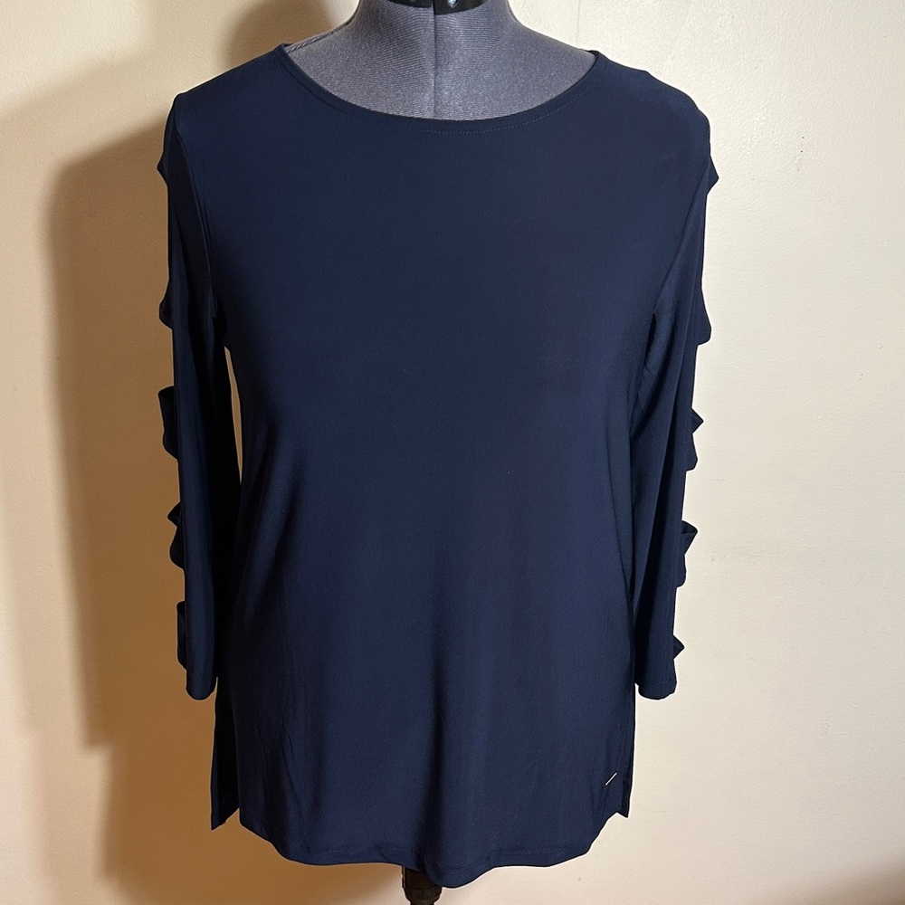 Anne Klein Navy Blue Women's Top with Unique Sleeve Design, Size L
